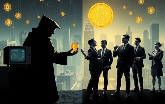 A symbolic representation of **Bitcoin OGs** passing their digital assets to institutional investors, illustrating the shift in Bitcoin ownership.