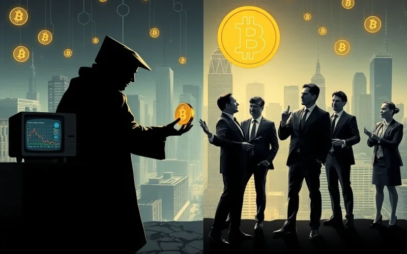 A symbolic representation of **Bitcoin OGs** passing their digital assets to institutional investors, illustrating the shift in Bitcoin ownership.