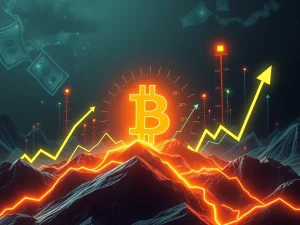 A visual depiction of Bitcoin open interest surging to a record high, illustrating extreme market volatility and trading dynamics.