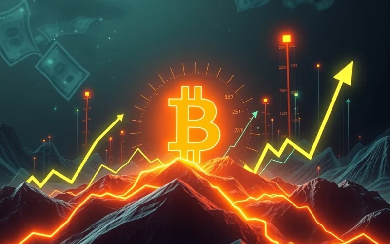 A visual depiction of Bitcoin open interest surging to a record high, illustrating extreme market volatility and trading dynamics.