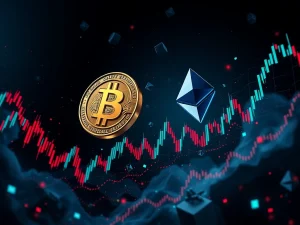 A volatile crypto market chart showing a sharp drop, symbolizing the impact of record Bitcoin options expiry on prices.