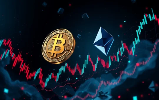 A volatile crypto market chart showing a sharp drop, symbolizing the impact of record Bitcoin options expiry on prices.