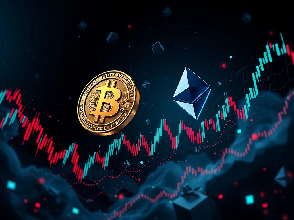A volatile crypto market chart showing a sharp drop, symbolizing the impact of record Bitcoin options expiry on prices.