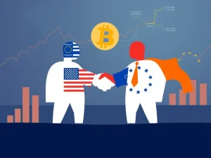 Two hands shaking over a globe, symbolizing the US-EU trade deal, with a subtle Bitcoin symbol in the background, representing a positive Bitcoin outlook.