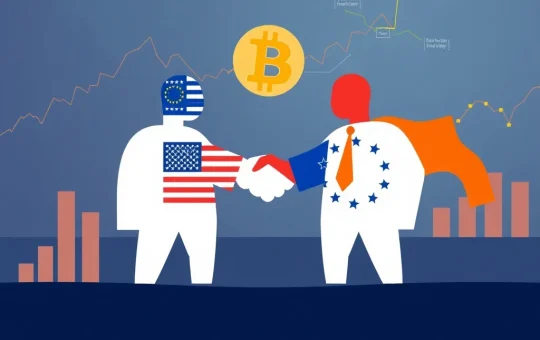 Two hands shaking over a globe, symbolizing the US-EU trade deal, with a subtle Bitcoin symbol in the background, representing a positive Bitcoin outlook.