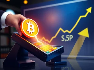 Block Inc. logo with a Lightning Network symbol connecting a POS terminal to Bitcoin, illustrating seamless Bitcoin payments and a rising stock chart after S&P 500 inclusion.