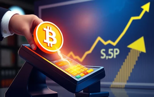 Block Inc. logo with a Lightning Network symbol connecting a POS terminal to Bitcoin, illustrating seamless Bitcoin payments and a rising stock chart after S&P 500 inclusion.