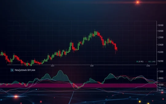 A digital chart showing Bitcoin price consolidating within a bullish pennant pattern, with technical indicators below, representing BTC price analysis.