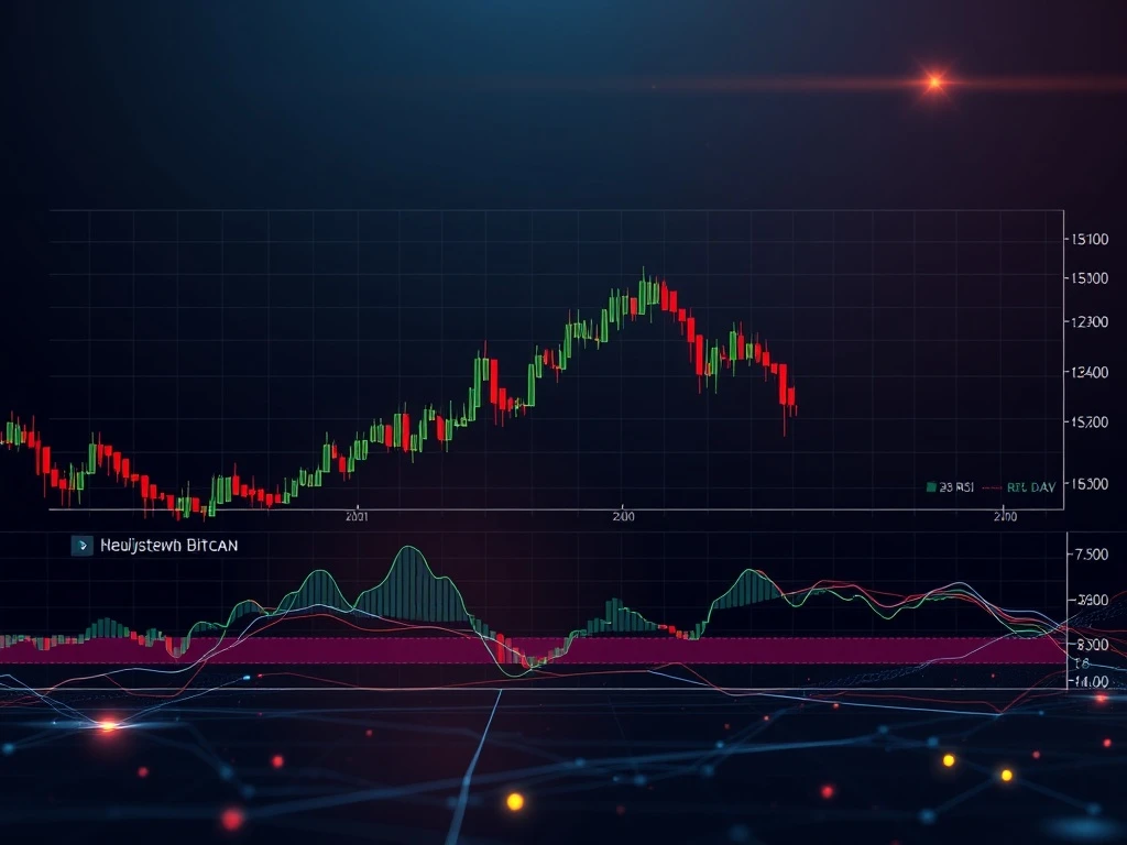 A digital chart showing Bitcoin price consolidating within a bullish pennant pattern, with technical indicators below, representing BTC price analysis.