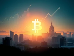 Visualizing the surge in Bitcoin price driven by institutional adoption and US Treasury policies, forecasting a potential $1M by 2030.