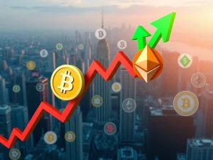 A visual representation of the crypto market's mixed signals, highlighting recent Bitcoin price drops and strong Ethereum ETF inflows.