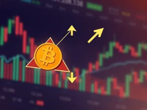 A chart showing Bitcoin's price consolidating within a symmetrical triangle pattern, highlighting the anticipated Bitcoin breakout and volatility.