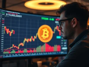 A cautious Bitcoin trader analyzing a volatile Bitcoin price chart, highlighting critical BTC support levels and market uncertainty.