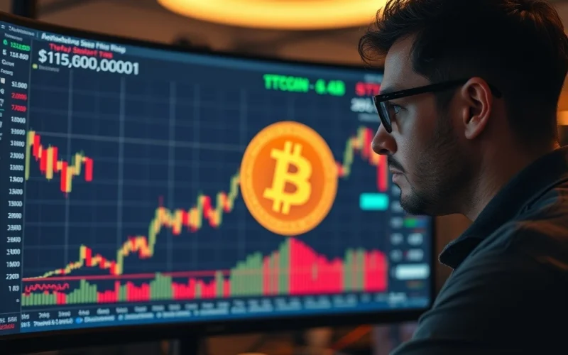 A cautious Bitcoin trader analyzing a volatile Bitcoin price chart, highlighting critical BTC support levels and market uncertainty.