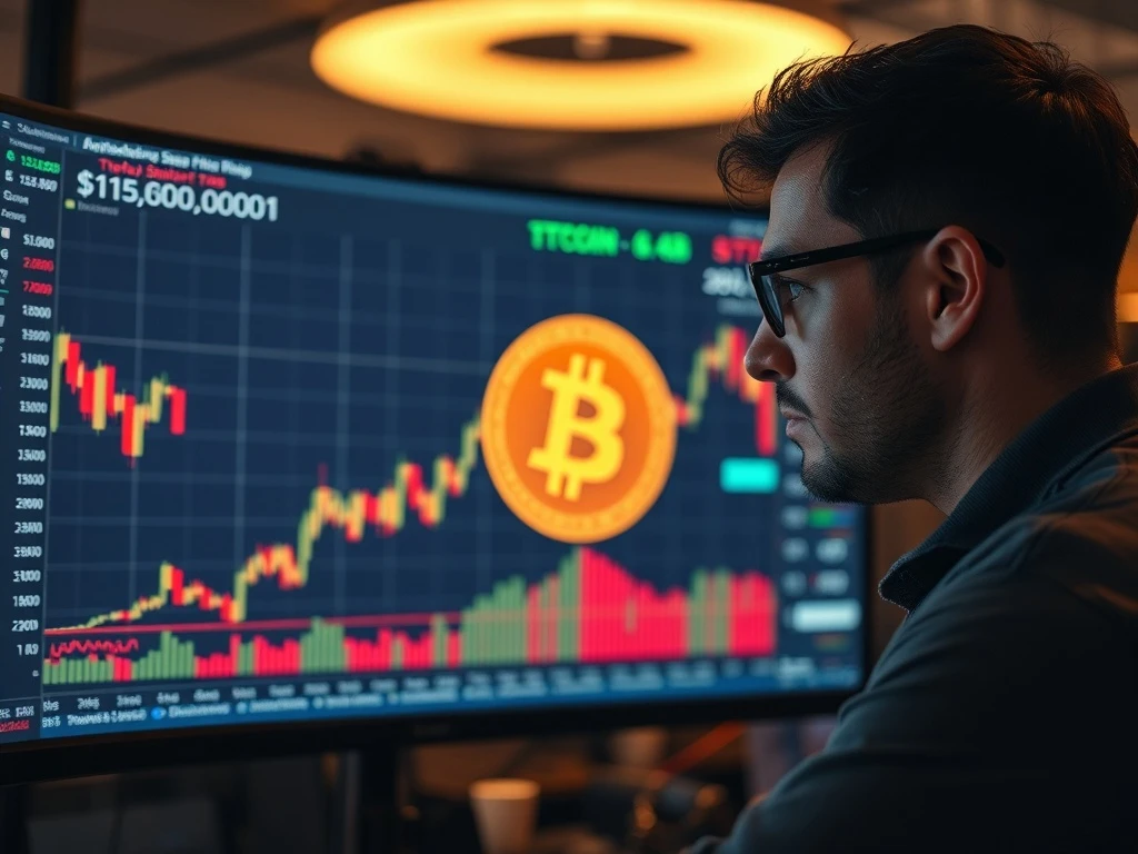 A cautious Bitcoin trader analyzing a volatile Bitcoin price chart, highlighting critical BTC support levels and market uncertainty.