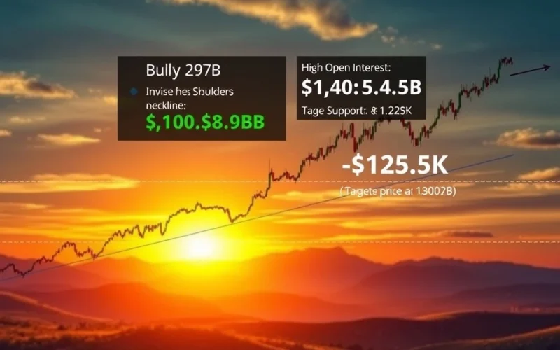 A Bitcoin price chart illustrating a bullish breakout and consolidation near a key support level, with an arrow pointing towards a $125K target, reflecting the current Bitcoin market dynamics.