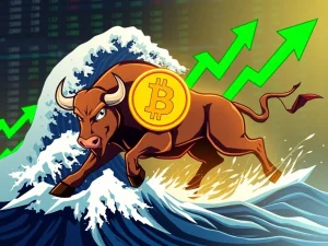 A bull pushing back against a bearish trend on a digital chart, symbolizing Bitcoin price resilience and market recovery.