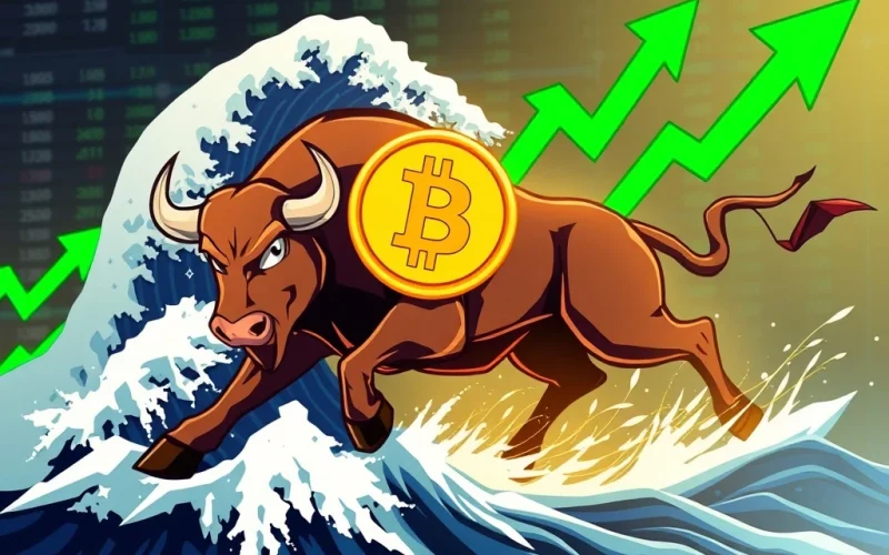 A bull pushing back against a bearish trend on a digital chart, symbolizing Bitcoin price resilience and market recovery.