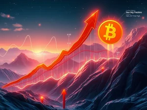 A Bitcoin price chart illustrating a falling wedge pattern nearing a significant Bitcoin breakout, signaling potential for a new all-time high.