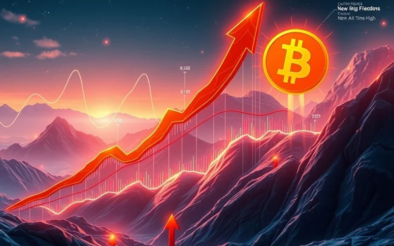 A Bitcoin price chart illustrating a falling wedge pattern nearing a significant Bitcoin breakout, signaling potential for a new all-time high.