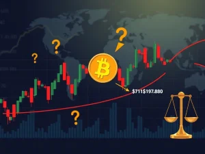 A visual representation of the Bitcoin price consolidating on a chart, highlighting key support levels and market indecision for trading strategy.