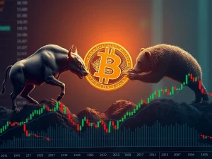 A visual representation of Bitcoin price caught in a stalemate between bullish and bearish forces, highlighting the ongoing market consolidation.