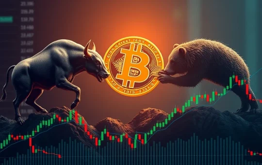 A visual representation of Bitcoin price caught in a stalemate between bullish and bearish forces, highlighting the ongoing market consolidation.