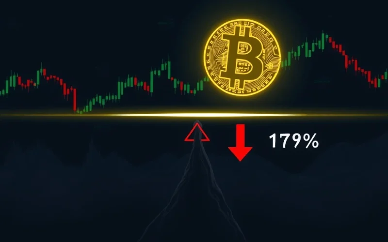 A Bitcoin symbol balancing precariously on a critical $98K support line, illustrating the urgent need for Bitcoin price defense against a potential market downturn.