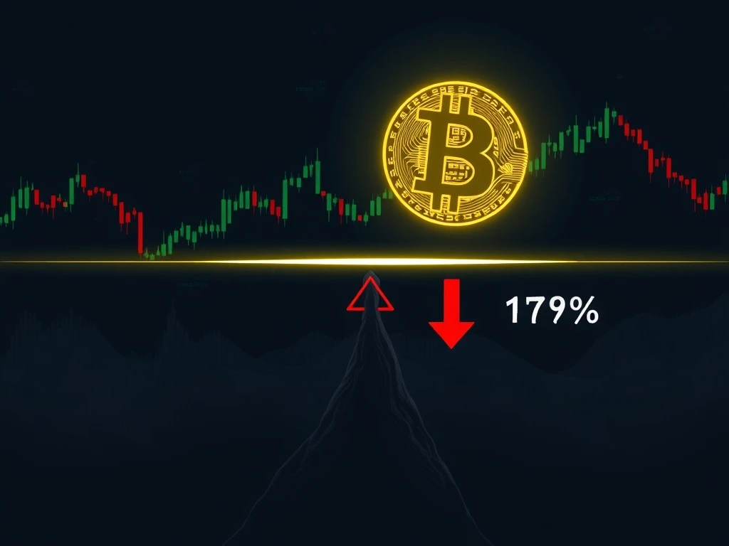 A Bitcoin symbol balancing precariously on a critical $98K support line, illustrating the urgent need for Bitcoin price defense against a potential market downturn.