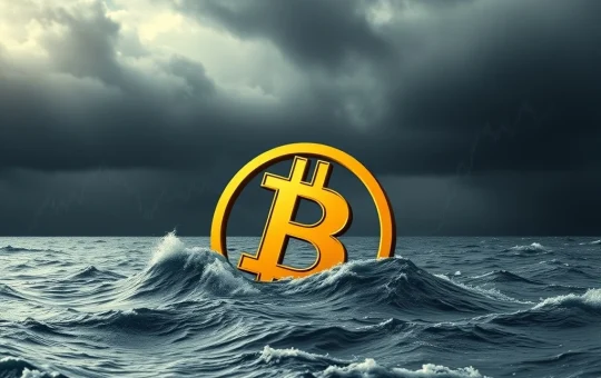 A Bitcoin symbol struggling in turbulent waters, representing the recent Bitcoin price dip and market volatility.