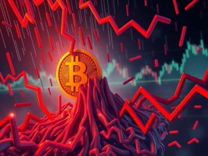 Illustrates a significant Bitcoin price dip and cascading crypto liquidations, symbolizing market volatility and trader exits.