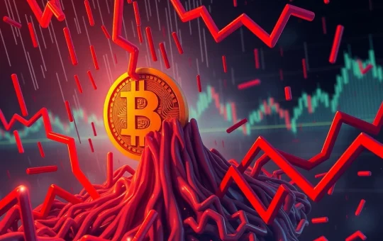 Illustrates a significant Bitcoin price dip and cascading crypto liquidations, symbolizing market volatility and trader exits.