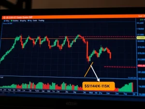 Bitcoin price chart showing a downward trend, with red arrows highlighting a potential BTC drop to $115K, reflecting current market concerns.