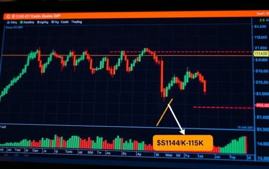 Bitcoin price chart showing a downward trend, with red arrows highlighting a potential BTC drop to $115K, reflecting current market concerns.