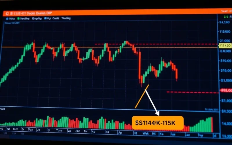 Bitcoin price chart showing a downward trend, with red arrows highlighting a potential BTC drop to $115K, reflecting current market concerns.