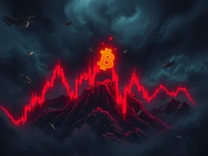 Bitcoin price chart crashing with bearish patterns signaling a major drop