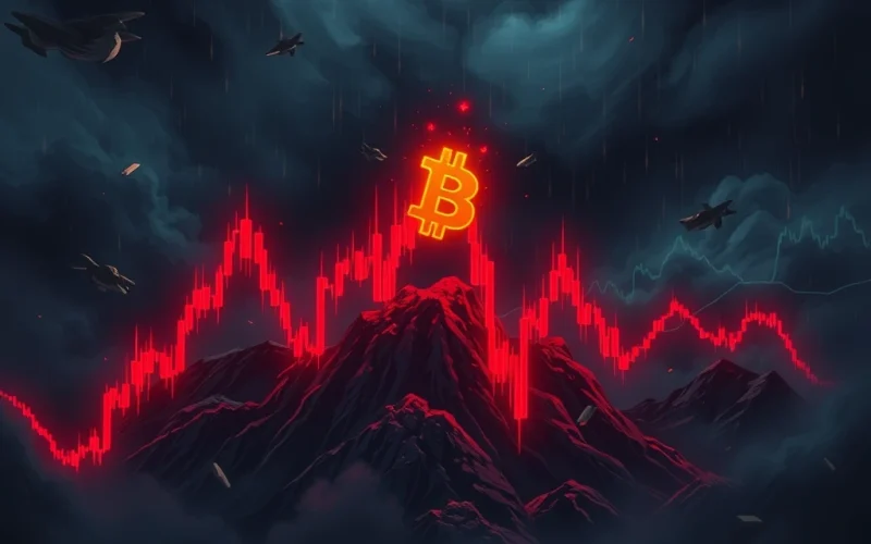 Bitcoin price chart crashing with bearish patterns signaling a major drop