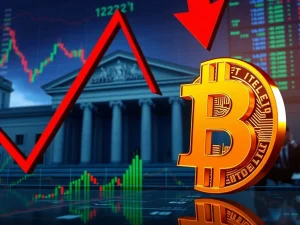 A visual representation of the Bitcoin price drop, showing a significant crypto market correction and market volatility.