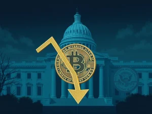 Chart showing Bitcoin price dropping significantly, influenced by upcoming Fed meeting and US crypto policy decisions.