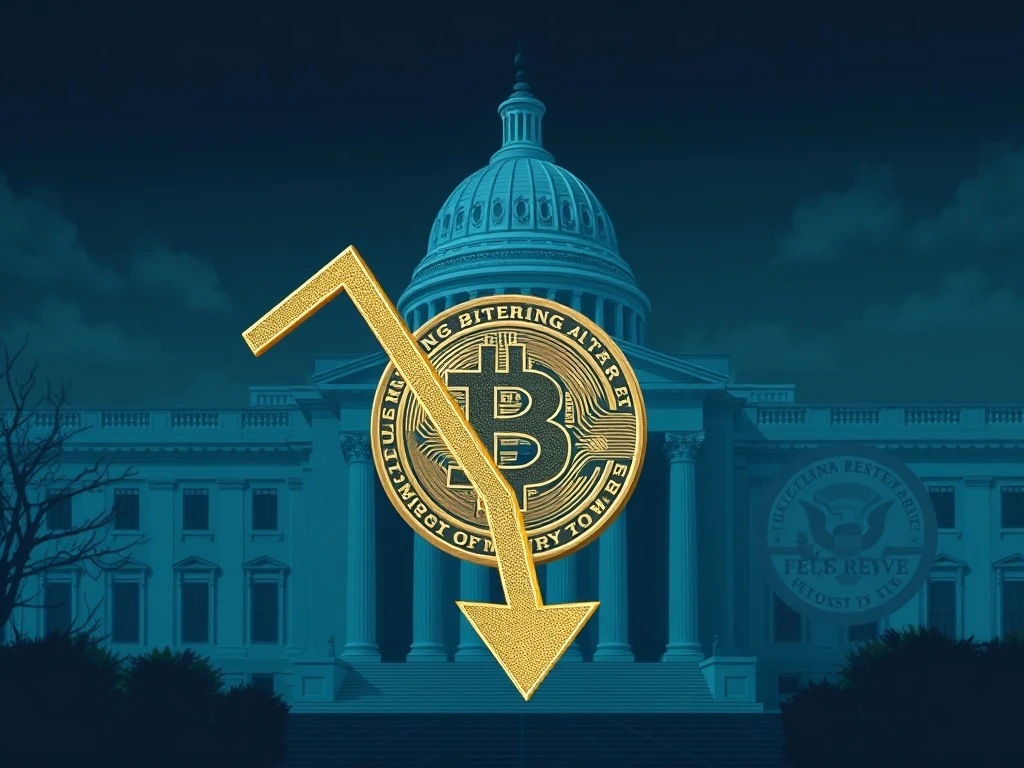 Chart showing Bitcoin price dropping significantly, influenced by upcoming Fed meeting and US crypto policy decisions.