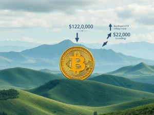 A Bitcoin price chart showing consolidation patterns, with indicators of strong ETF inflows and a highlighted $122K resistance level.