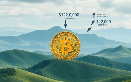 A Bitcoin price chart showing consolidation patterns, with indicators of strong ETF inflows and a highlighted $122K resistance level.