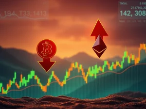 Illustrates Bitcoin price dip and Ethereum surge, symbolizing capital shift within the crypto market.