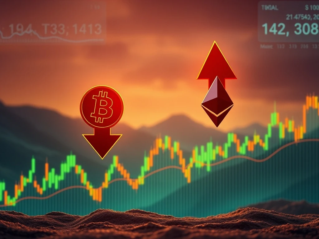 Illustrates Bitcoin price dip and Ethereum surge, symbolizing capital shift within the crypto market.