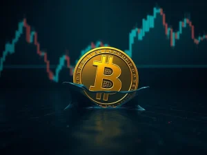 A red downward arrow piercing a Bitcoin symbol on a financial chart, representing the significant Bitcoin price drop below $115,000.