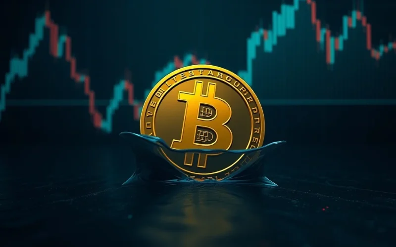 A red downward arrow piercing a Bitcoin symbol on a financial chart, representing the significant Bitcoin price drop below $115,000.