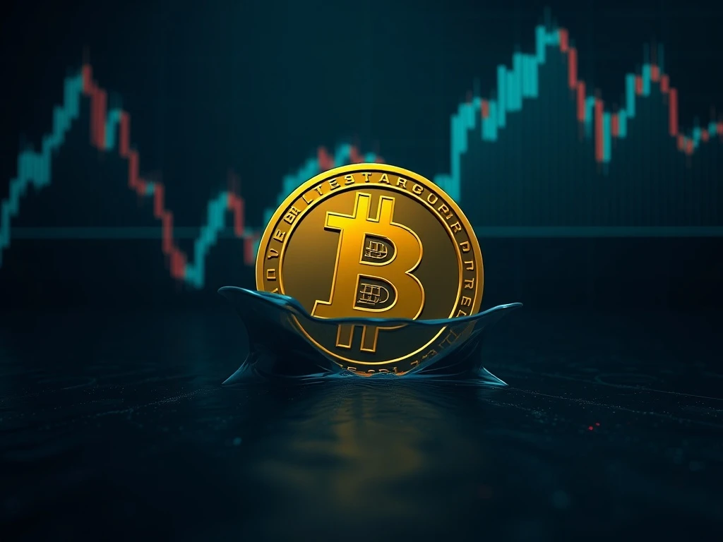 A red downward arrow piercing a Bitcoin symbol on a financial chart, representing the significant Bitcoin price drop below $115,000.