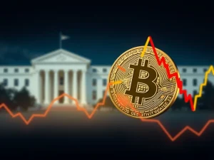 A digital Bitcoin falling on a chart, symbolizing the recent price drop influenced by fading Fed rate cut optimism.
