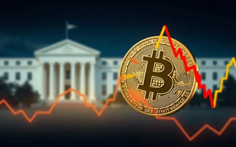 A digital Bitcoin falling on a chart, symbolizing the recent price drop influenced by fading Fed rate cut optimism.