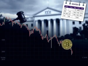 A chart illustrating a sharp Bitcoin price drop, reflecting the impact of delayed Fed rate cuts on the crypto market.